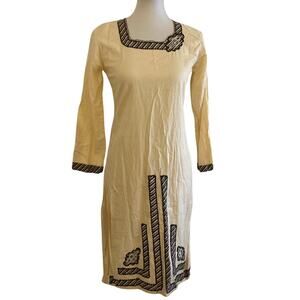 Vintage Embroidered Cotton Tunic – Long Sleeve Contrast Trim Dress, Size Small
